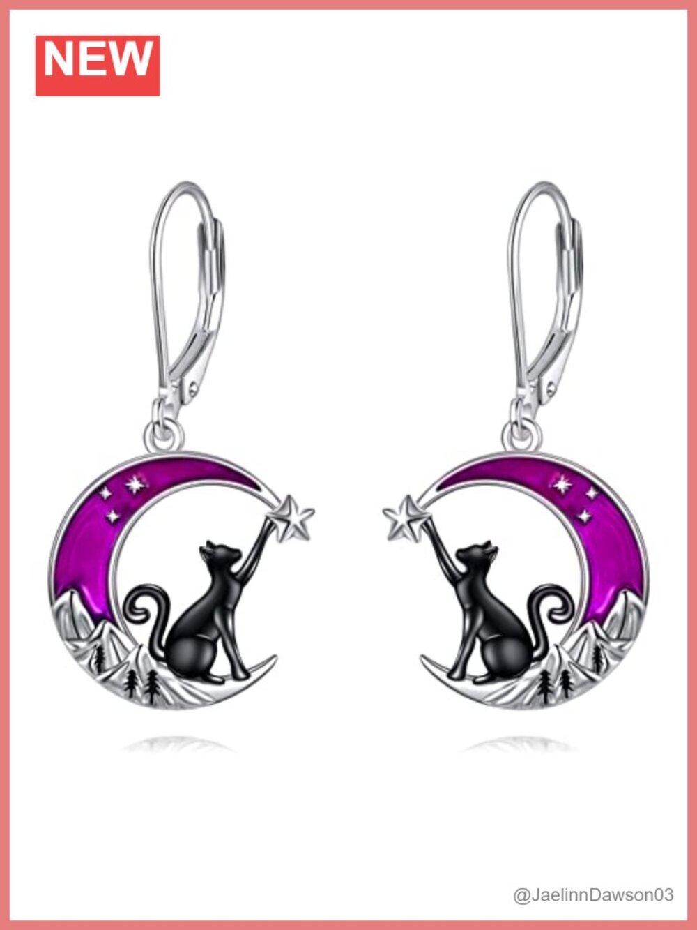 925 Sterling Silver Moon Cat Leverback Drop Earrings Hypoallergenic Gift